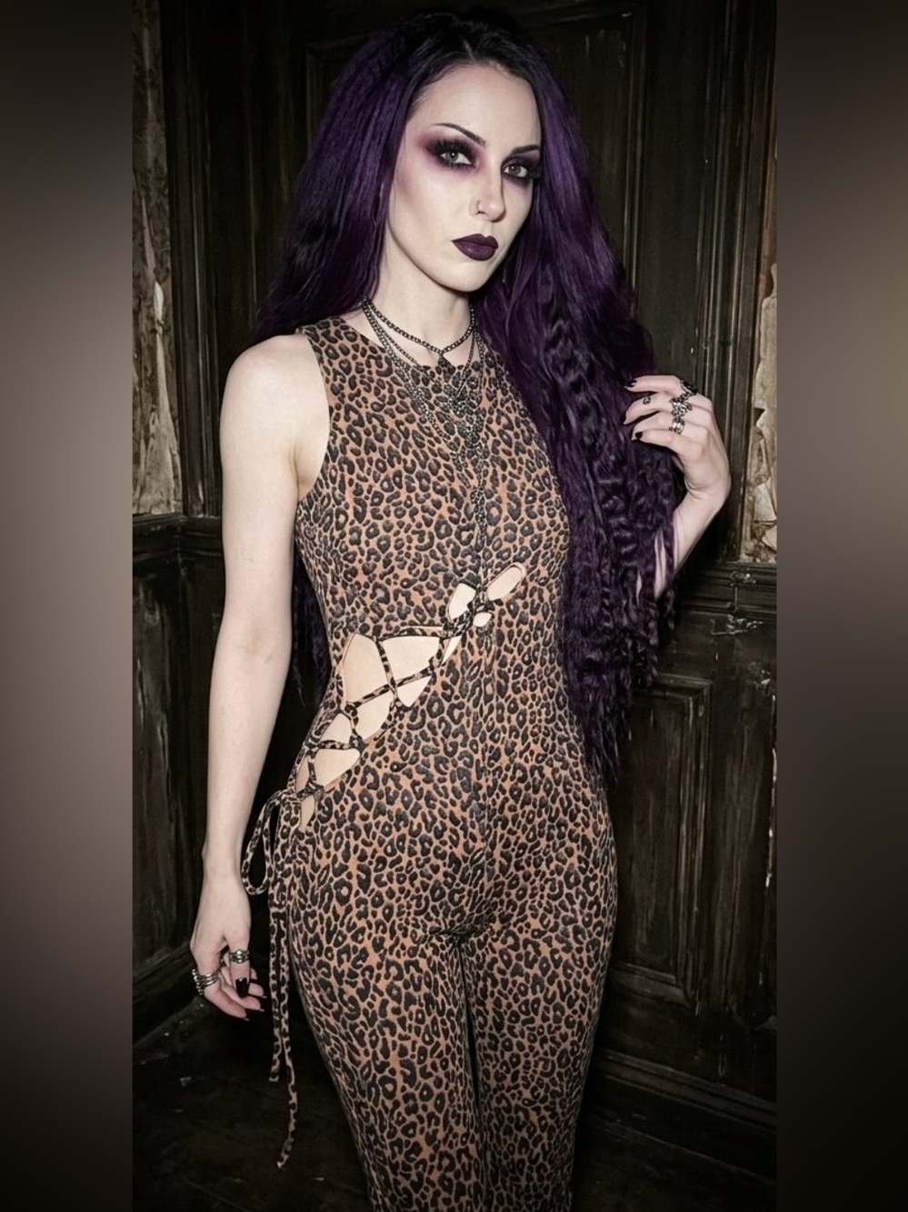 Naked Wardrobe Lace-Up Animal Print Cutout Jumpsuit Size L